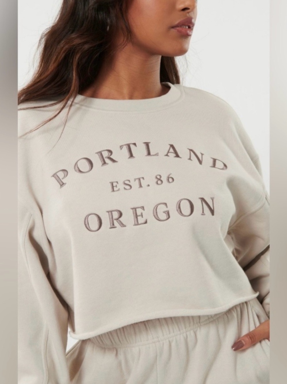Garage Cream 'Portland Oregon' Cropped Sweatshirt with sweatpants.